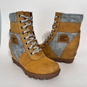 Sorel Lexie Wedge Lace Up Boots Waterproof Leather Camel Tan Brown Gray Shoe 8.5